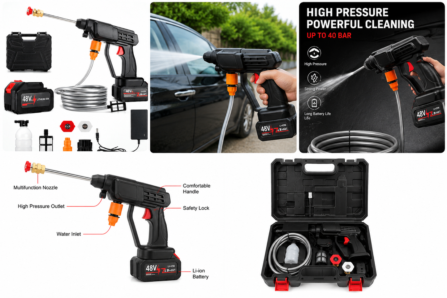 High Pressure Car Washing Spray Gun 48V Cordless Rechargable Water Sprayer Car Washer Set Water Gun